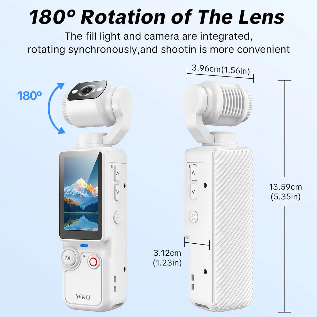 W&O Portable 2.5K Ultra HD Video Recorder with 180° Rotating Lens, Handheld Stabilizer Pocket Camera, Full Body Camera for Vlogging, Travel & Daily Life Recording, USB Rechargeable, Black, Vlogging Camera, Modern Gadget, Durable Construction, Camcorder