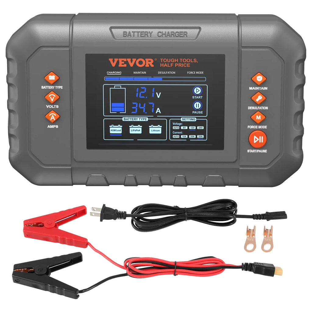 【Fathersdaygift】Vevor Smart Battery Charger 35-Amplithium Lifepo4 Lead-Acid (AGM / Gel / SLA) Car Battery Charger with LCD Displaytrickle Charger Maintainer Desulfator for Boat Motorcycle Lawn Mower Deep Cycle