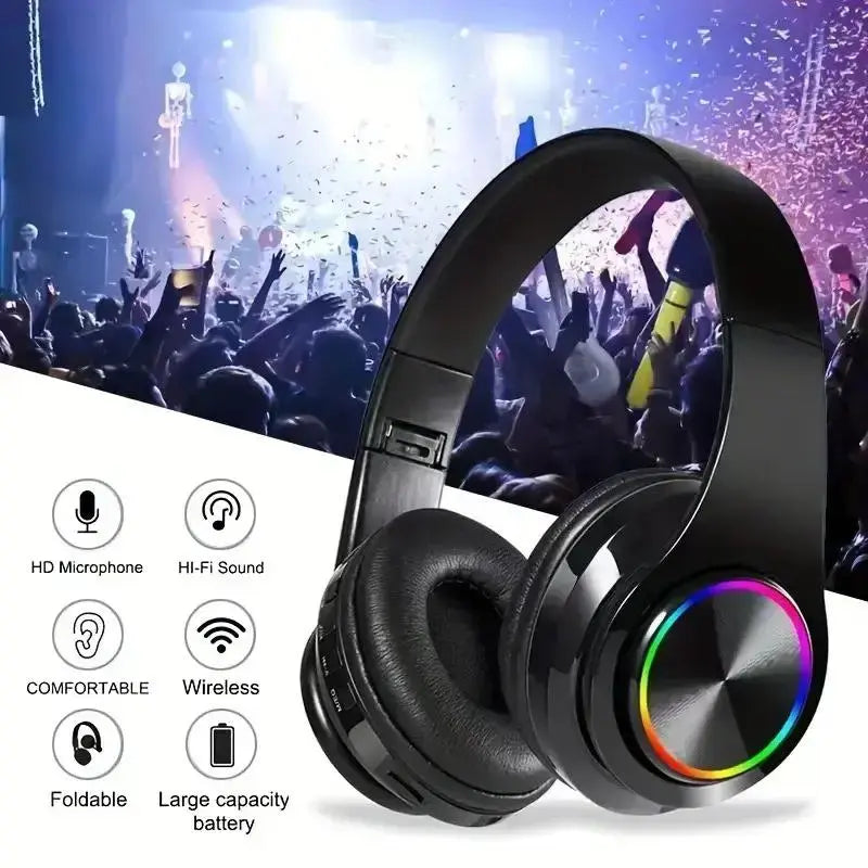 Wireless Headphones, Foldable Headphones with Colorful LED Light, Headphones with Microphone, FM, SD Card Slot, for School, Tablet, PC, TV, Phone, Wireless Chargeable Headphones
