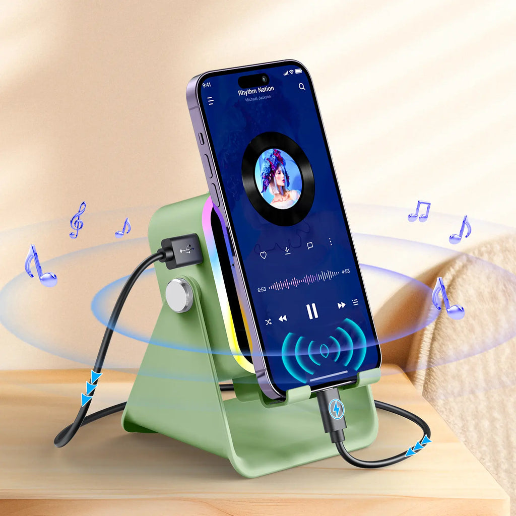 PUTARE Wireless Induction Audio Speaker Stand, 5In1 Cellphone Holder, 3500Mah Rechargeable Emergency Power Bank,360° Adjustable Mobile Tablet Stand with Colorful Ambient Light Gifts for Men Women Fathersdaygift Summervibes