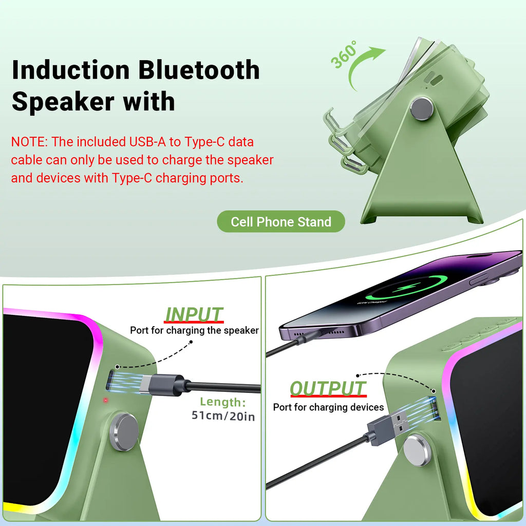 PUTARE Wireless Induction Audio Speaker Stand, 5In1 Cellphone Holder, 3500Mah Rechargeable Emergency Power Bank,360° Adjustable Mobile Tablet Stand with Colorful Ambient Light Gifts for Men Women Fathersdaygift Summervibes