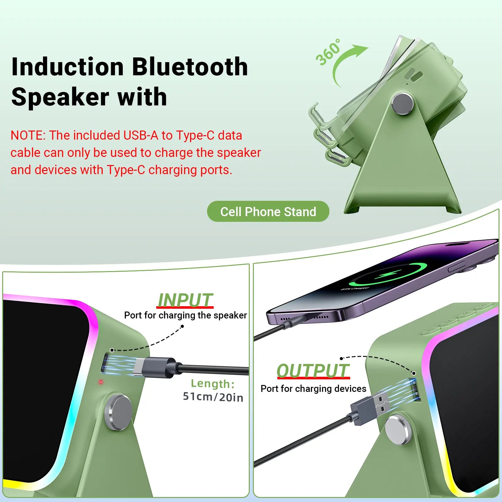 PUTARE Wireless Induction Audio Speaker Stand, 5In1 Cellphone Holder, 3500Mah Rechargeable Emergency Power Bank,360° Adjustable Mobile Tablet Stand with Colorful Ambient Light Gifts for Men Women Fathersdaygift Summervibes