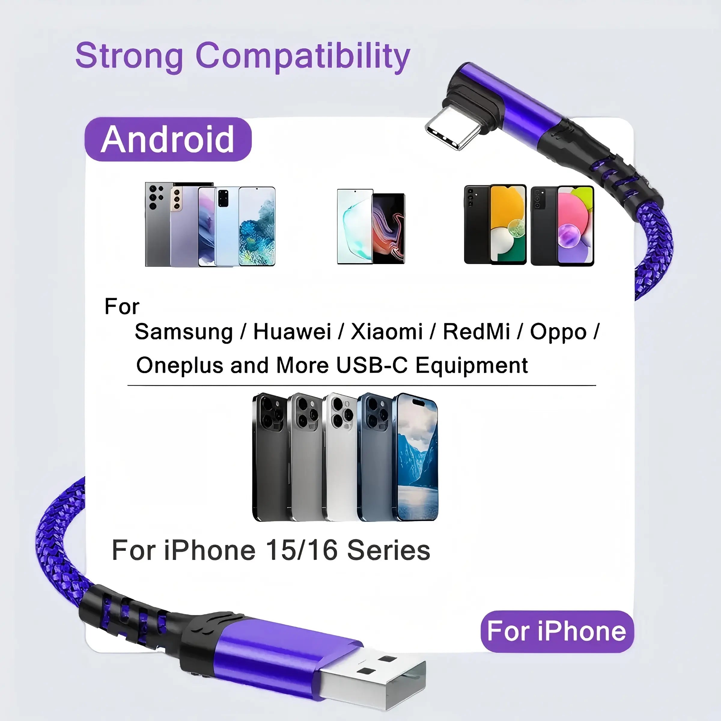 90-Degree USB-C Cable, USB-A to USB-C Right Angle Durable Nylon-Braided Fast Charging Cable for Iphone 16 Pro Max, Samsung Galaxy S24 Ultra and Ipad Air 6, Portable Type-C Charging Line #GLOBAL PICKS