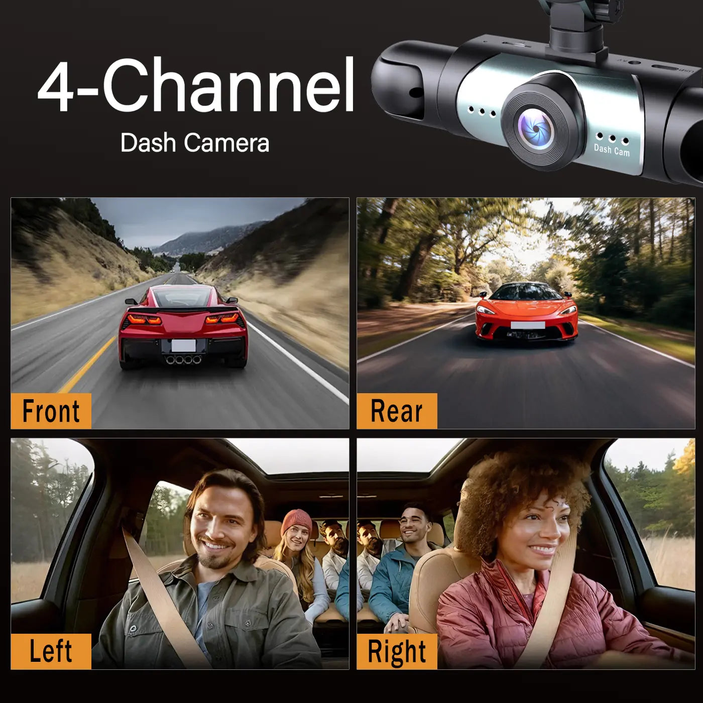 BCUOZ 4-Channel Dash Cam,(Not Wireless) 1080P Full HD Front+720P Rear Left Right Coverage, Requires Charging to Use, G-Sensor, with Free 64GB Memory Card, Car Dashboard Camera / Safe Driving Black Box,24H Parking Mode#Summervibes Outd