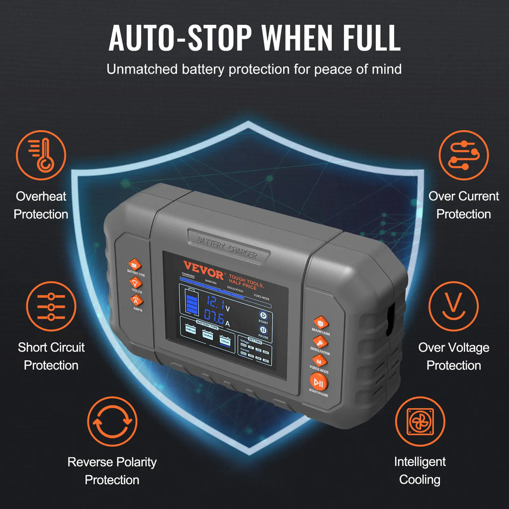 【Fathersdaygift】Vevor Smart Battery Charger 35-Amplithium Lifepo4 Lead-Acid (AGM / Gel / SLA) Car Battery Charger with LCD Displaytrickle Charger Maintainer Desulfator for Boat Motorcycle Lawn Mower Deep Cycle
