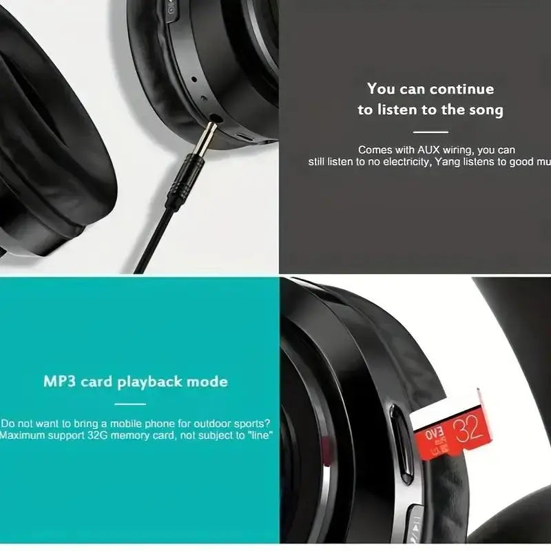 Wireless Headphones, Foldable Headphones with Colorful LED Light, Headphones with Microphone, FM, SD Card Slot, for School, Tablet, PC, TV, Phone, Wireless Chargeable Headphones