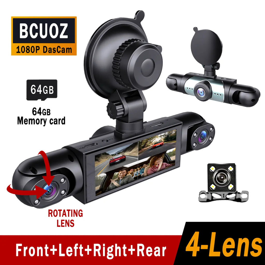 BCUOZ 4-Channel Dash Cam,(Not Wireless) 1080P Full HD Front+720P Rear Left Right Coverage, Requires Charging to Use, G-Sensor, with Free 64GB Memory Card, Car Dashboard Camera / Safe Driving Black Box,24H Parking Mode#Summervibes Outd