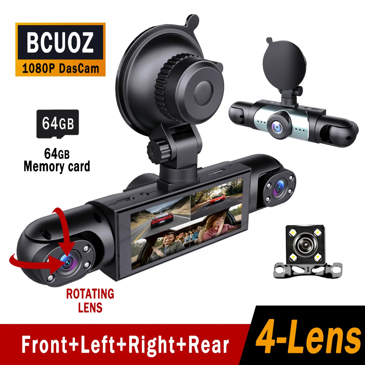 BCUOZ 4-Channel Dash Cam,(Not Wireless) 1080P Full HD Front+720P Rear Left Right Coverage, Requires Charging to Use, G-Sensor, with Free 64GB Memory Card, Car Dashboard Camera / Safe Driving Black Box,24H Parking Mode#Summervibes Outd