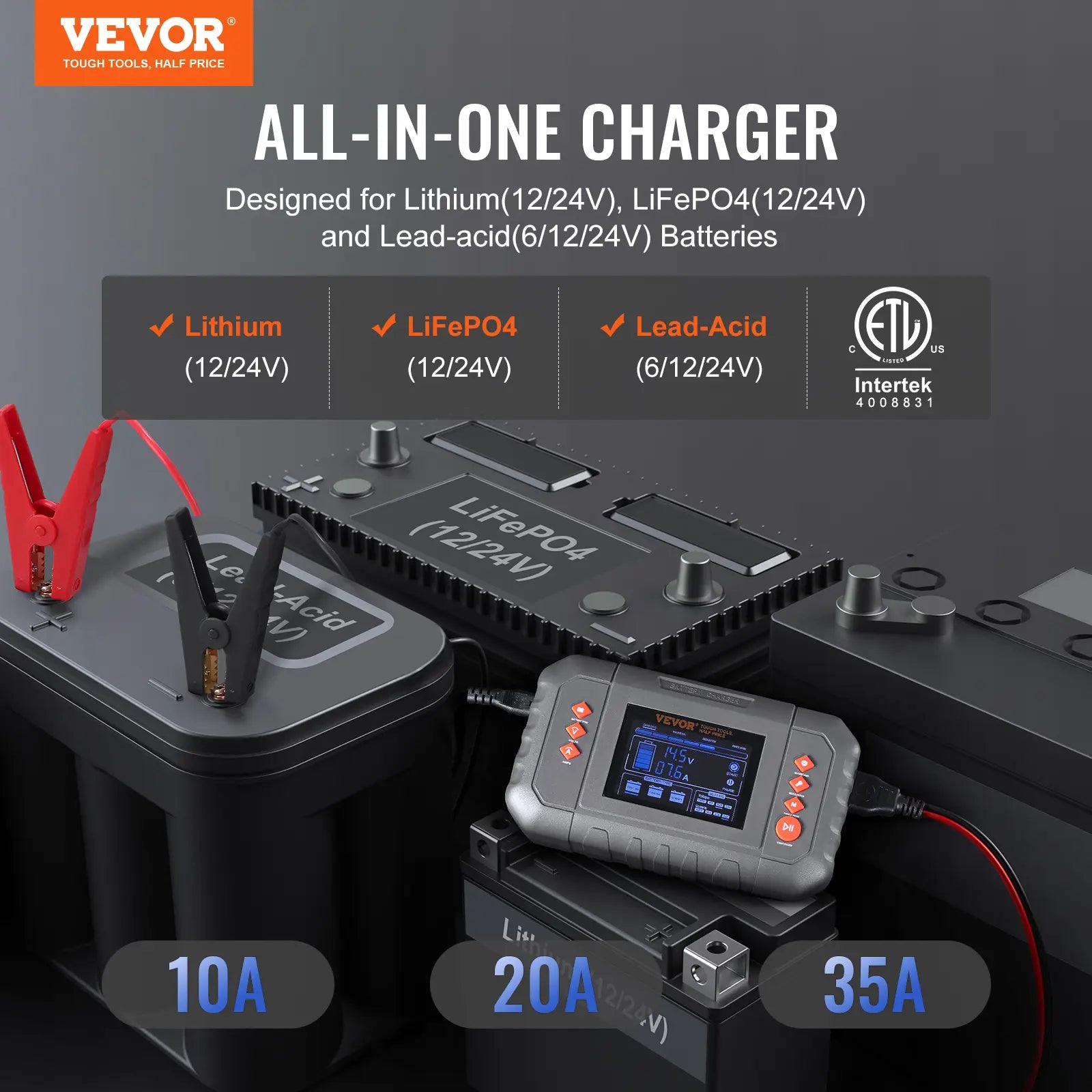【Fathersdaygift】Vevor Smart Battery Charger 35-Amplithium Lifepo4 Lead-Acid (AGM / Gel / SLA) Car Battery Charger with LCD Displaytrickle Charger Maintainer Desulfator for Boat Motorcycle Lawn Mower Deep Cycle