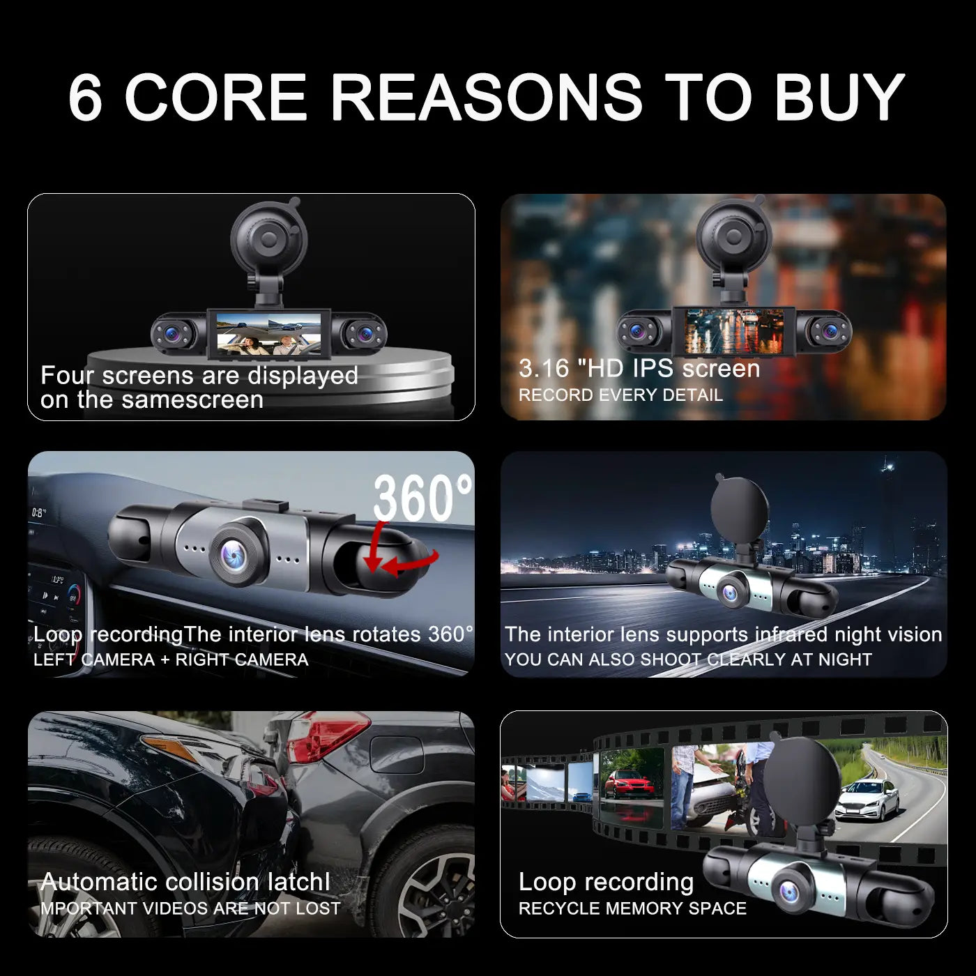 BCUOZ 4-Channel Dash Cam,(Not Wireless) 1080P Full HD Front+720P Rear Left Right Coverage, Requires Charging to Use, G-Sensor, with Free 64GB Memory Card, Car Dashboard Camera / Safe Driving Black Box,24H Parking Mode#Summervibes Outd