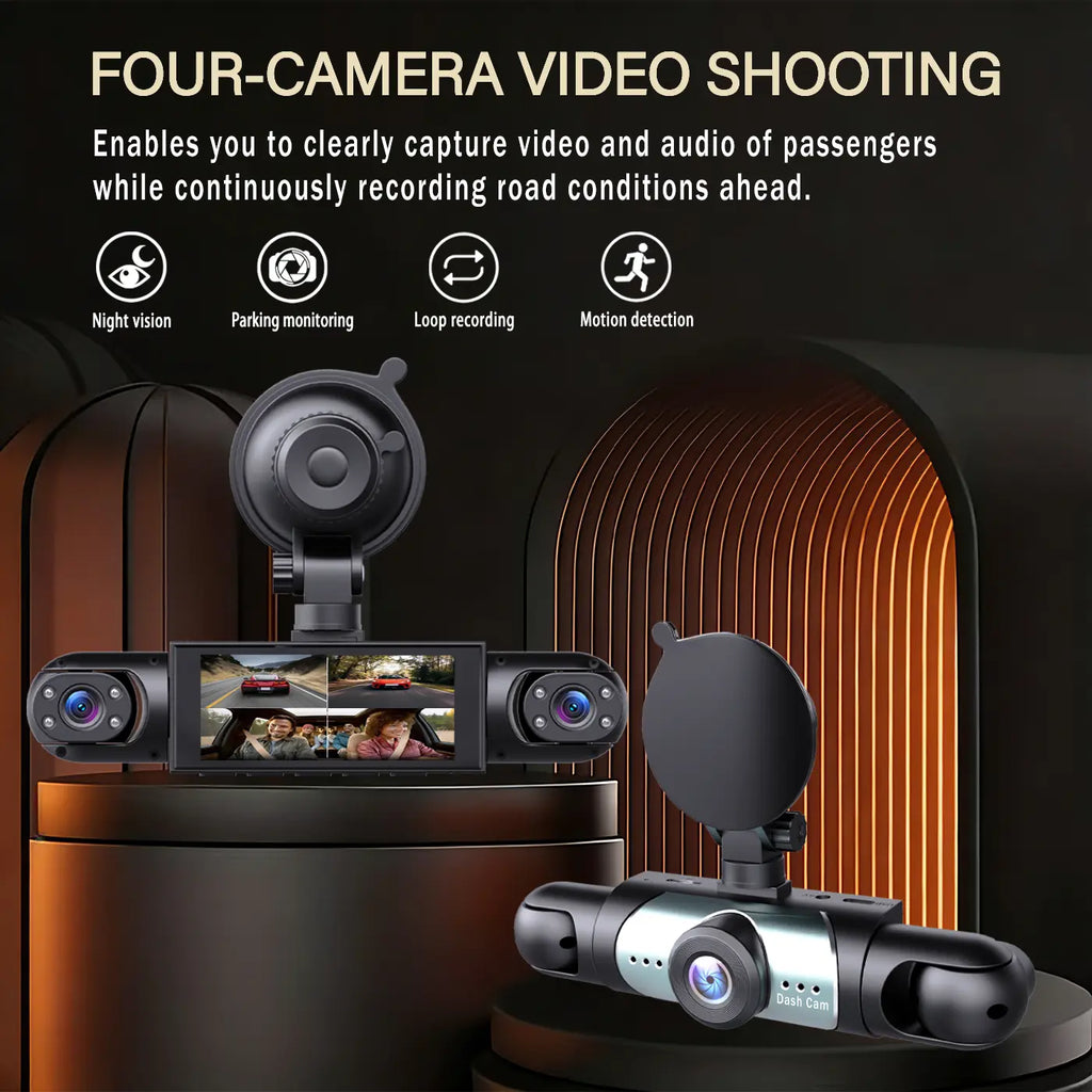 BCUOZ 4-Channel Dash Cam,(Not Wireless) 1080P Full HD Front+720P Rear Left Right Coverage, Requires Charging to Use, G-Sensor, with Free 64GB Memory Card, Car Dashboard Camera / Safe Driving Black Box,24H Parking Mode#Summervibes Outd
