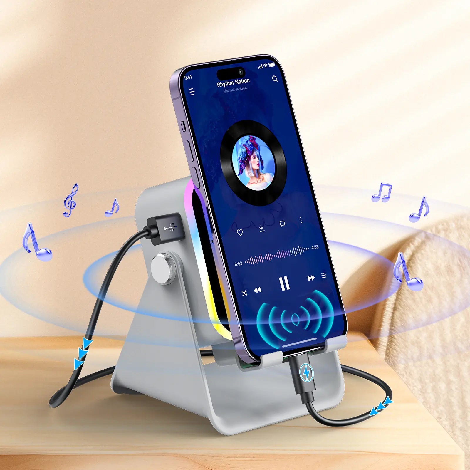PUTARE Wireless Induction Audio Speaker Stand, 5In1 Cellphone Holder, 3500Mah Rechargeable Emergency Power Bank,360° Adjustable Mobile Tablet Stand with Colorful Ambient Light Gifts for Men Women Fathersdaygift Summervibes