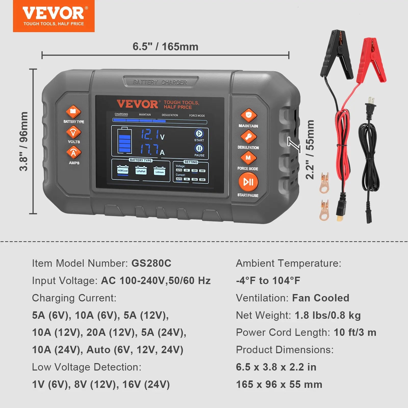 【Fathersdaygift】Vevor Smart Battery Charger 35-Amplithium Lifepo4 Lead-Acid (AGM / Gel / SLA) Car Battery Charger with LCD Displaytrickle Charger Maintainer Desulfator for Boat Motorcycle Lawn Mower Deep Cycle