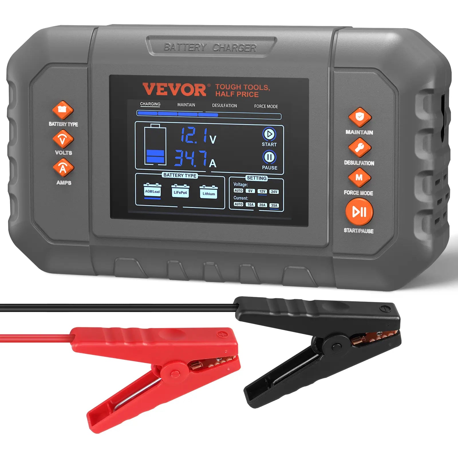 【Fathersdaygift】Vevor Smart Battery Charger 35-Amplithium Lifepo4 Lead-Acid (AGM / Gel / SLA) Car Battery Charger with LCD Displaytrickle Charger Maintainer Desulfator for Boat Motorcycle Lawn Mower Deep Cycle