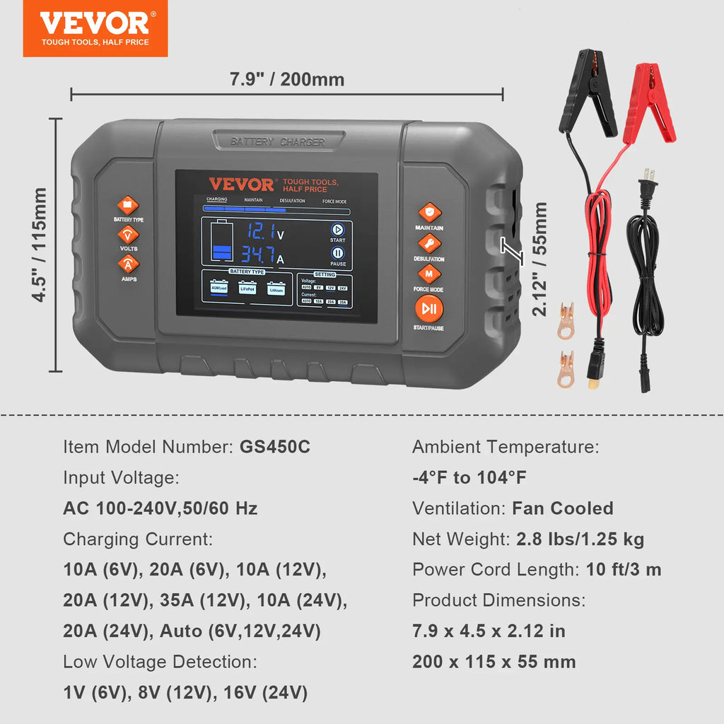 【Fathersdaygift】Vevor Smart Battery Charger 35-Amplithium Lifepo4 Lead-Acid (AGM / Gel / SLA) Car Battery Charger with LCD Displaytrickle Charger Maintainer Desulfator for Boat Motorcycle Lawn Mower Deep Cycle
