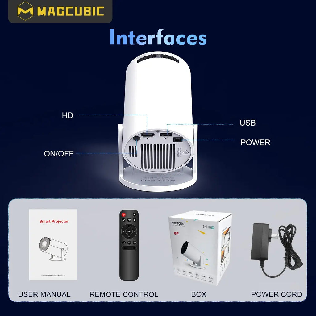 [US Warehouse] Magcubic Hy300Pro Projector 290ANSI Android 14.0 Dual Wifi6 8K 4K Decode Auto Keystone Correction Wireless BT5.4 130"Screen 1280*720P Built-In Speaker Allwinner H726 180° Rotatable Mini Portable Home Cinema Outdoor Audio Summervibes Gift