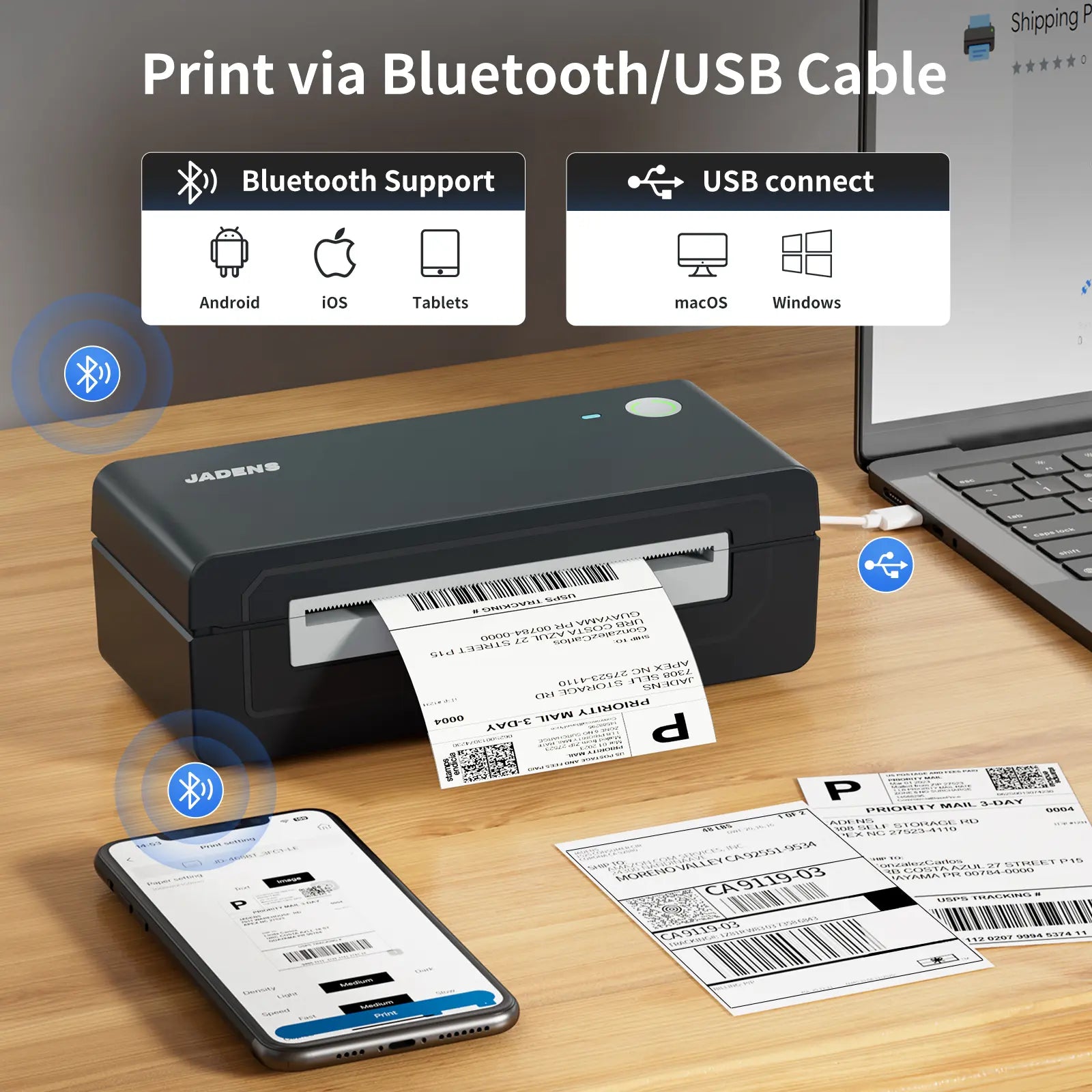 JADENS Shipping Label Printer,Bluetooth Wireless Thermal Label Printer, Compatible with Ios, Android, Windows, Mac, Chromebook, Widely Used for Etsy, Ebay, Shopify, Usps-Summervibes