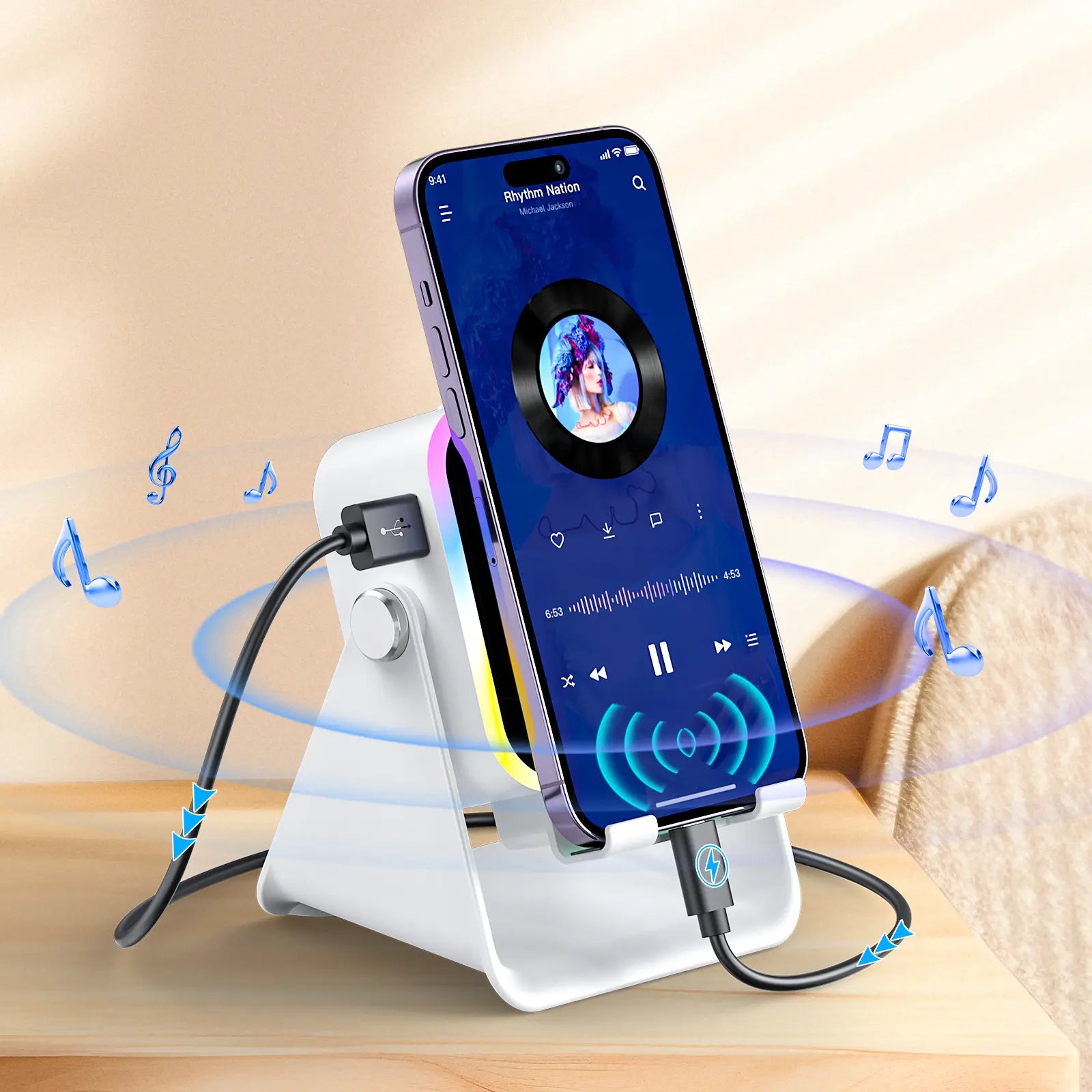 PUTARE Wireless Induction Audio Speaker Stand, 5In1 Cellphone Holder, 3500Mah Rechargeable Emergency Power Bank,360° Adjustable Mobile Tablet Stand with Colorful Ambient Light Gifts for Men Women Fathersdaygift Summervibes