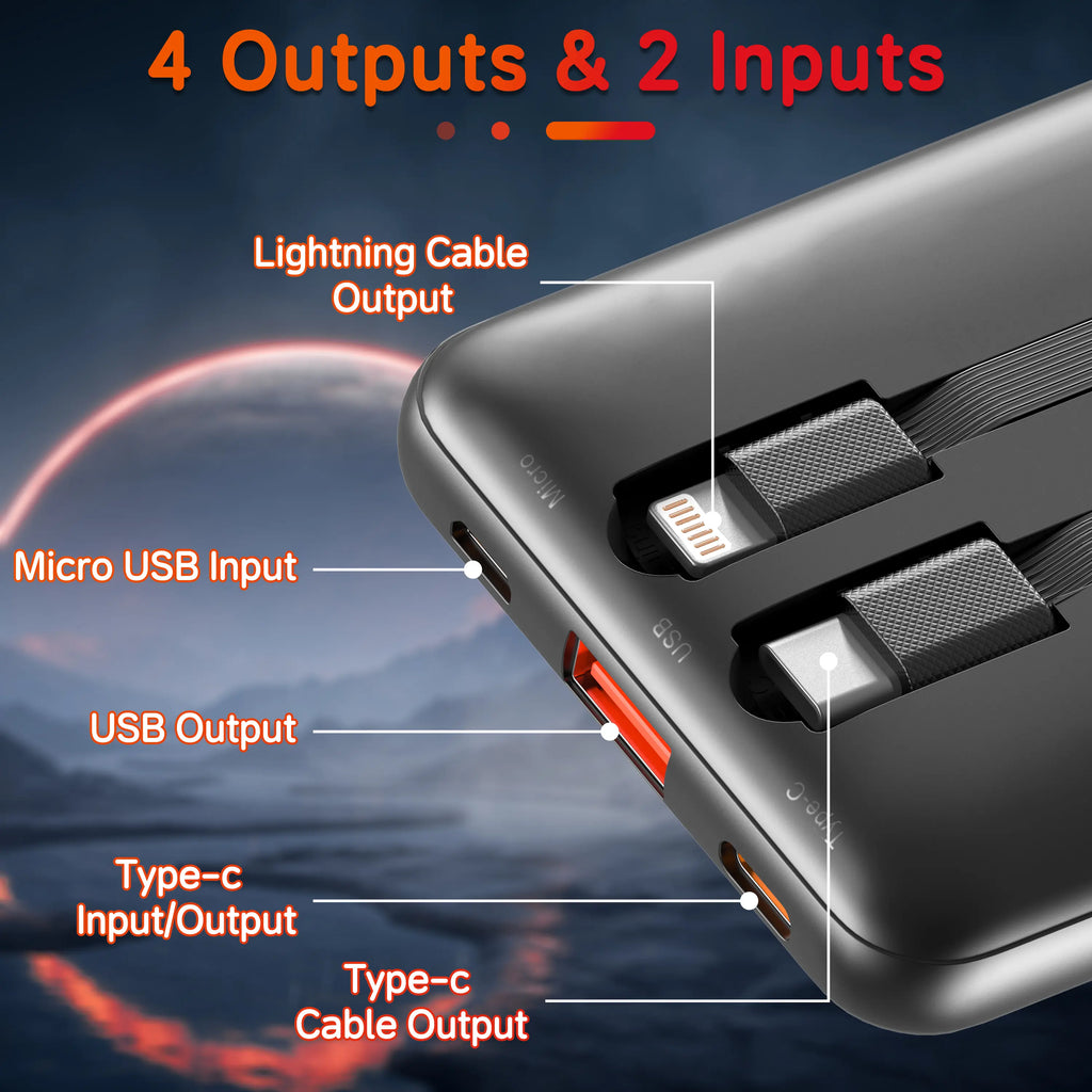 Portable Charger with Built-In Cables, 22.5W Fast Charging, 10000Mah Slim Power Bank for Iphone, Samsung, Google Pixel, LG, Moto, Ipad, USB-C & Micro USB Devices